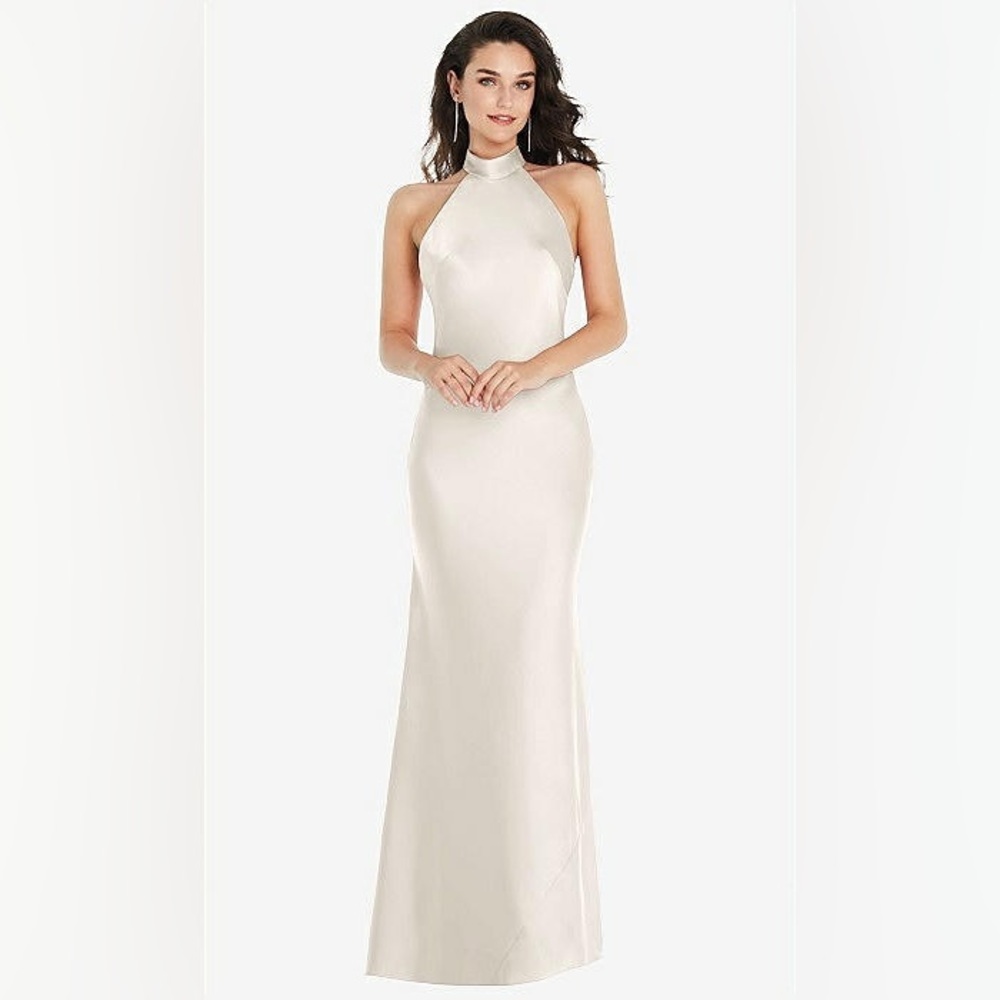 New Social SCARF TIE HIGH-NECK HALTER MAXI SLIP DRESS IN IVORY Small